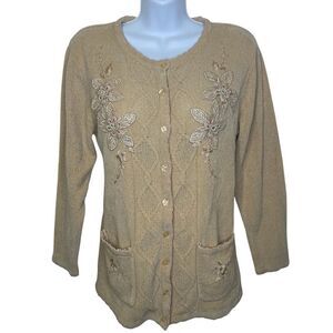 Vintage Jenny Button Up Embroidered Tan Cardigan Sweater Pockets Size Medium